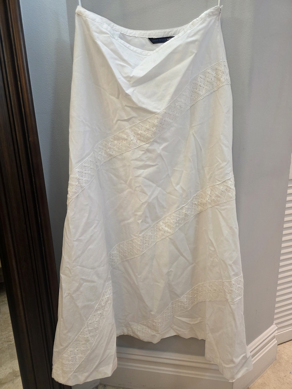 Saint Tropez West 100% Linen White Lace Panel A-Line Midi Skirt Euro Vacation 12
